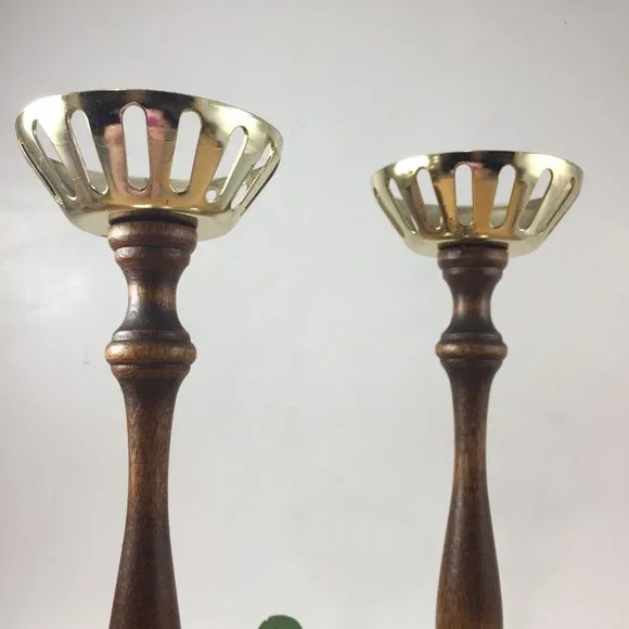 Retro Turned Wood and Metal Pair Candle Holders Votive Tall - Picture 7 of 10
